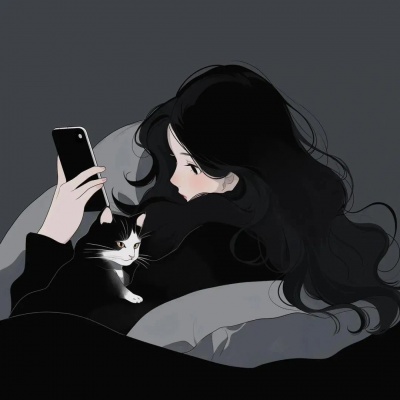 躺床上抱猫玩手机的动漫卡通女生头像分享 女生头像 第3张 躺床上抱猫玩手机的动漫卡通女生头像分享 女生头像 第3张
